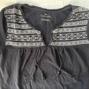 Talbots Navy & White Embroidered Top